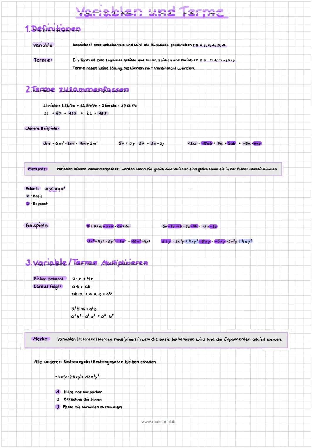 1. Definitionen
variable:
Terme:
Weitere Beispiele
Variablen und Terme
2.Terme zusammenfassen
2 liniale + 6 Stifte +12 Stifte = 2 liniale + 