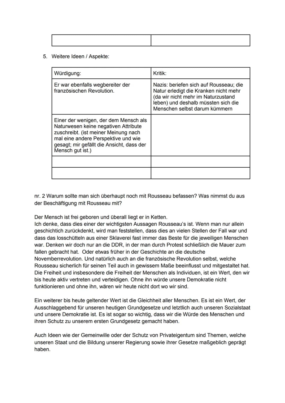 Philosophie GK Q2 Würdigung & Kritik an Rousseau
nr. 1 Würdigung & Kritik an Rousseaus Philosophie:
1. Menschenbild:
Würdigung:
der Mensch s