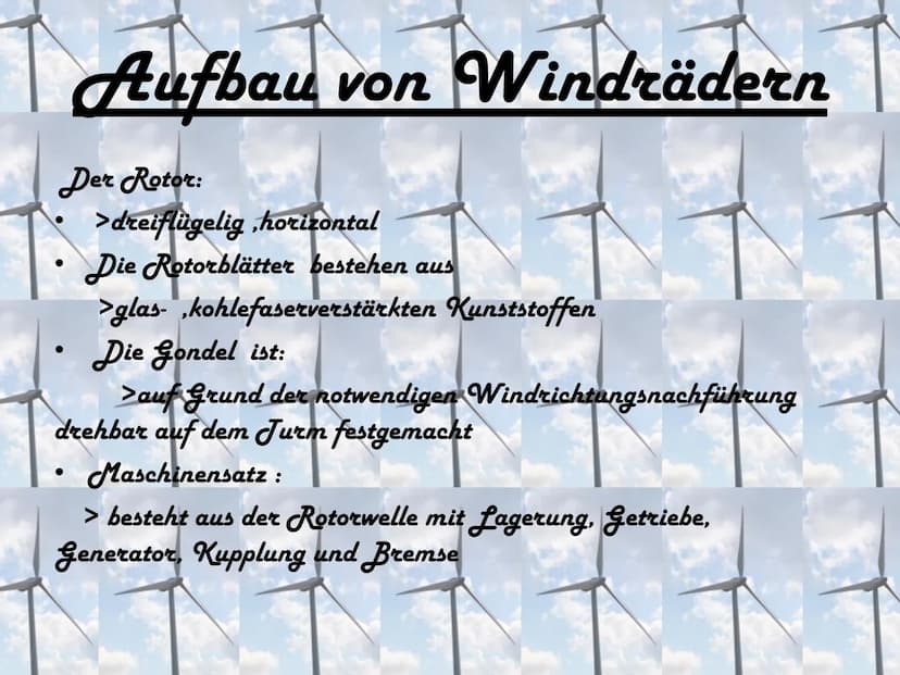 Turm und Fundament:
Um die Standfestigkeit der Windenergie-Anlage zu sichern, wird je nach stabilität des Untergrundes
eine Pfahl- oder Flac