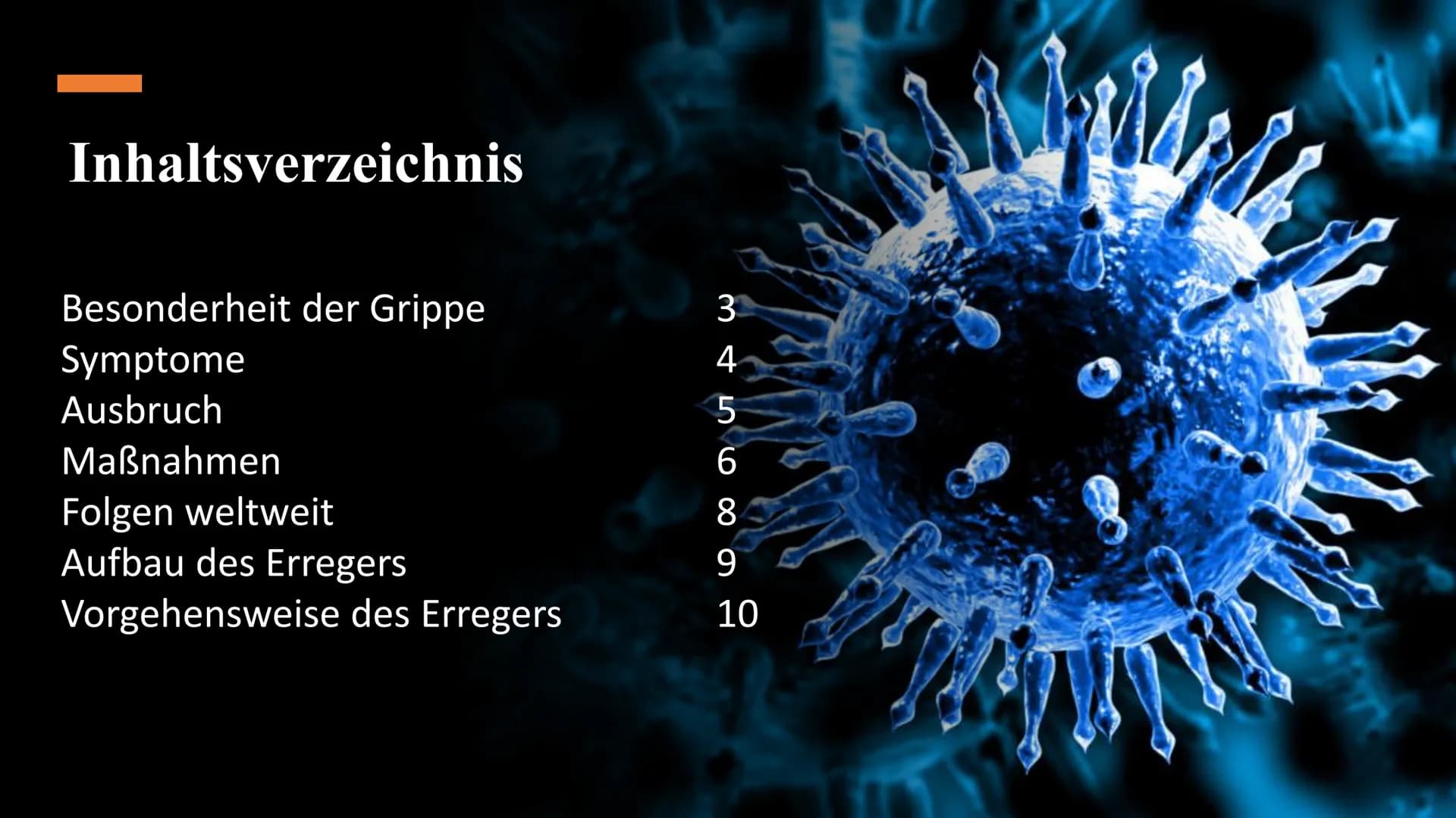 Die spanische Grippe Inhaltsverzeichnis
Besonderheit der Grippe
Symptome
Ausbruch
Maßnahmen
Folgen weltweit
Aufbau des Erregers
Vorgehenswei