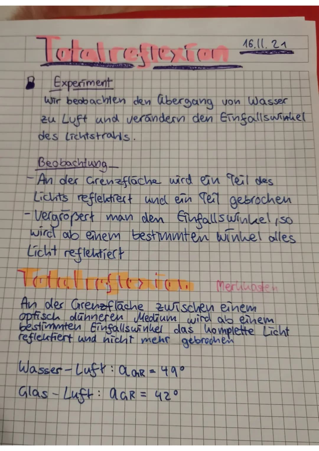 Totatigiosion
Experiment
Wir beobachten den Übergang von Wasser
zu Luft und verändern den Einfallswinkel
des Lichtstrahls.
16.11.21
Beobacht