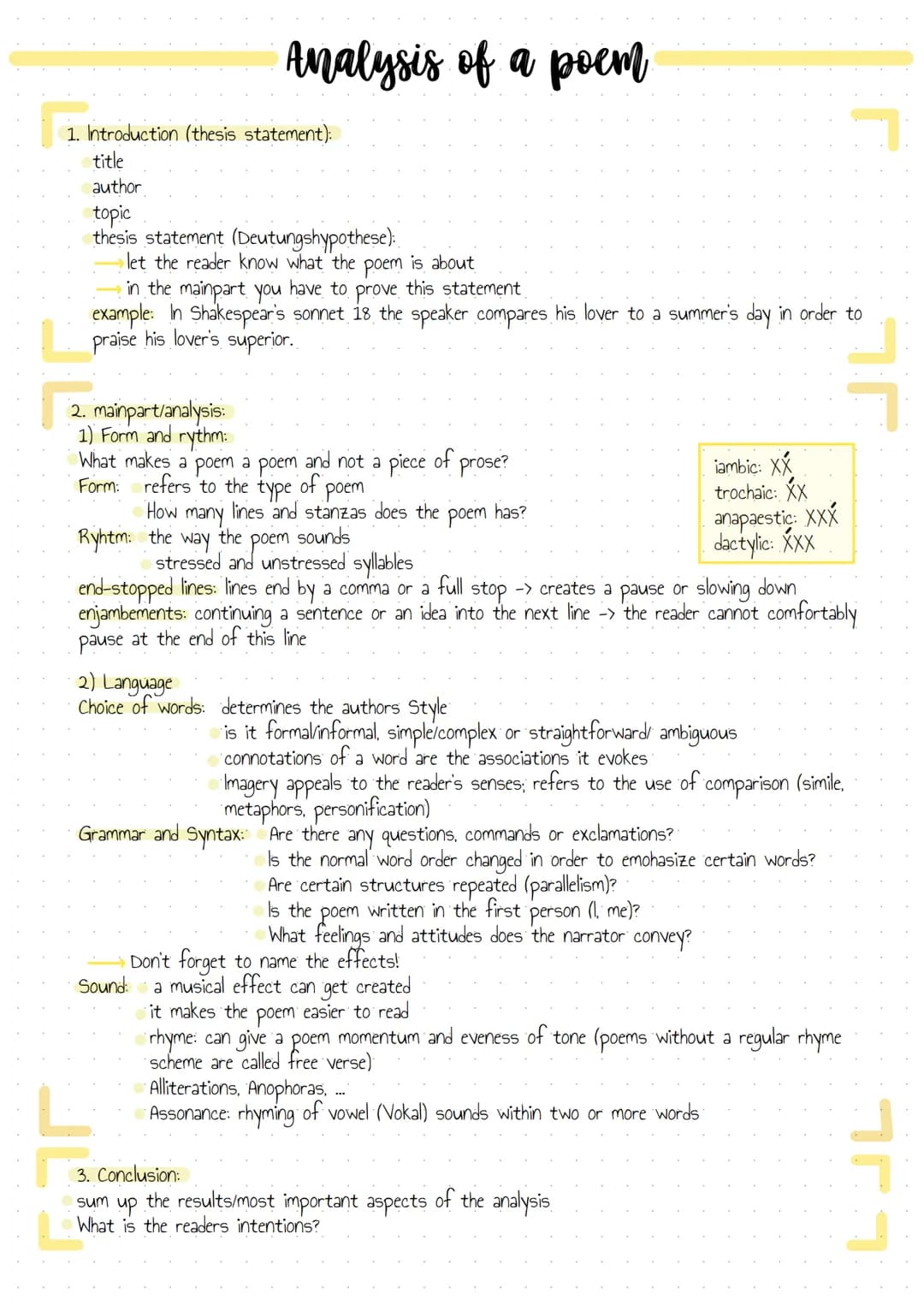 1. Introduction (thesis statement):
title
author
topic
thesis statement (Deutungshypothese):
let the reader know what the poem is about
in t