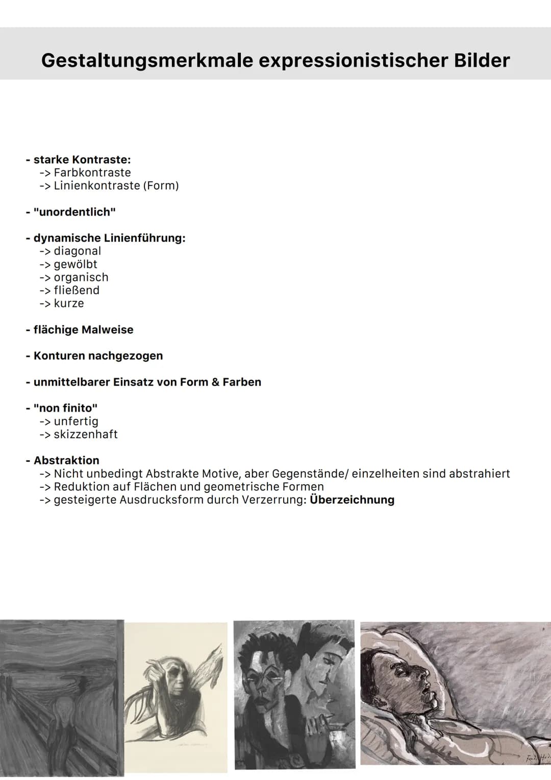 Gestaltungsmerkmale expressionistischer Bilder
starke Kontraste:
-> Farbkontraste
-> Linienkontraste (Form)
- "unordentlich"
- dynamische Li