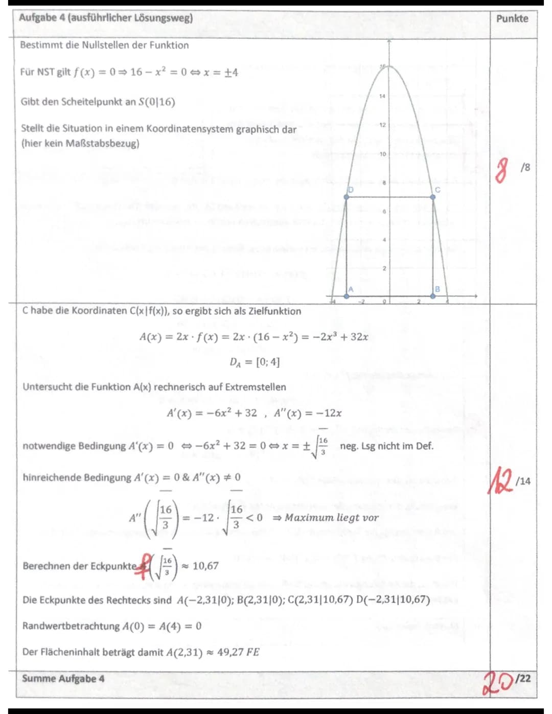 Aufgabe 4 (ausführlicher Lösungsweg)
Bestimmt die Nullstellen der Funktion
Für NST gilt f(x) = 0⇒16-x² = 0⇒x=14
Gibt den Scheitelpunkt an S(