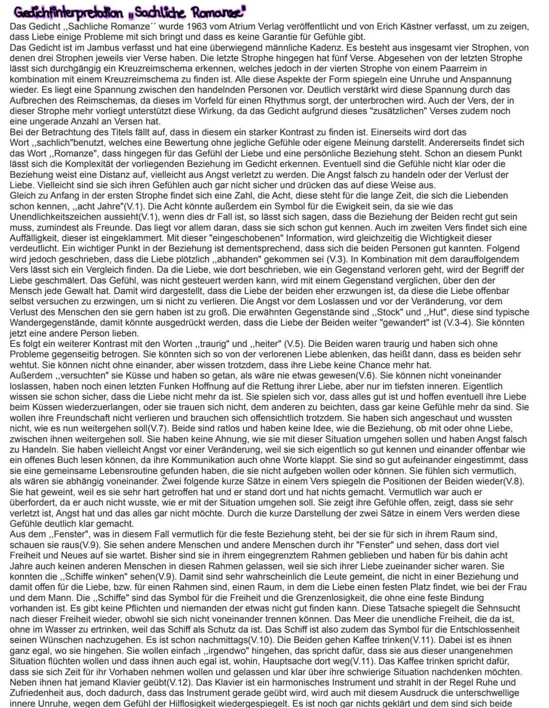 Gedichtinterpretation Sachliche Romance"
Das Gedicht ,,Sachliche Romanze" wurde 1963 vom Atrium Verlag veröffentlicht und von Erich Kästner 