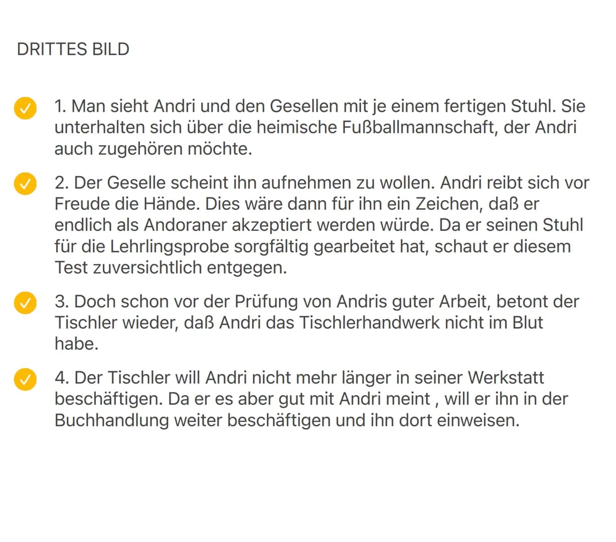 DRITTES BILD
1. Man sieht Andri und den Gesellen mit je einem fertigen Stuhl. Sie
unterhalten sich über die heimische Fußballmannschaft, der