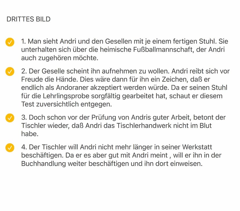 DRITTES BILD
1. Man sieht Andri und den Gesellen mit je einem fertigen Stuhl. Sie
unterhalten sich über die heimische Fußballmannschaft, der