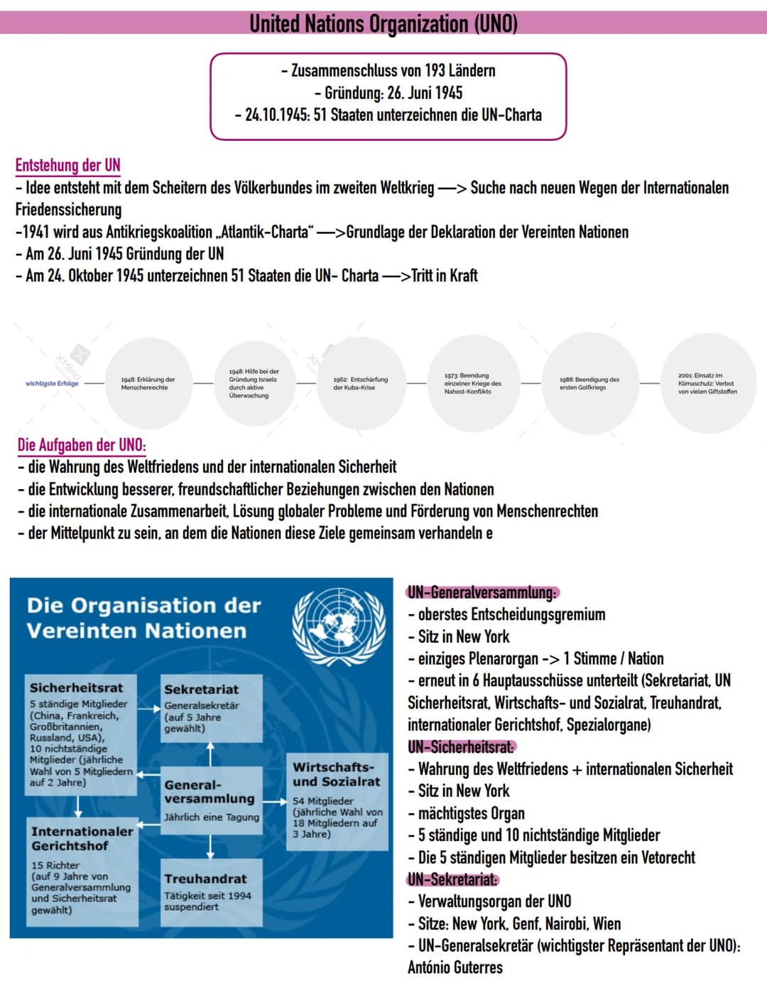 XMind
Entstehung der UN
- Idee entsteht mit dem Scheitern des Völkerbundes im zweiten Weltkrieg -> Suche nach neuen Wegen der Internationale