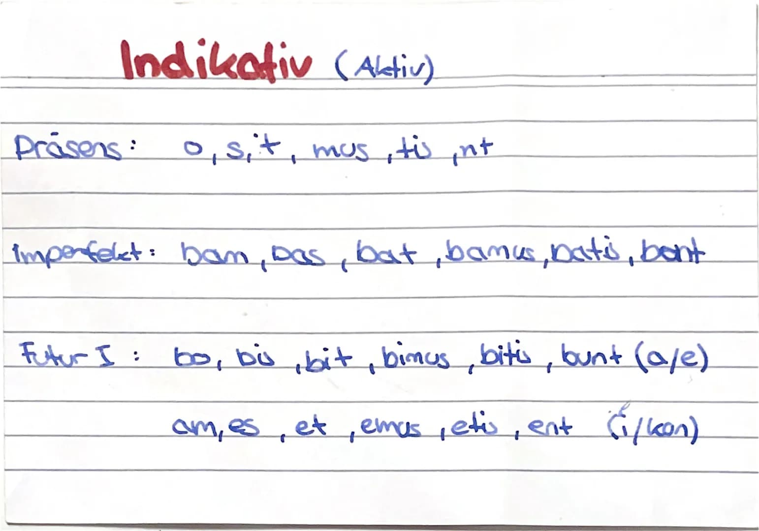Indikativ (Aktiv)
Präsens: o, s,'t, mus, tis int
imperfekt: bam, bas, bat, bamus, batis, bont
Futur I :
bo, bu, bit, bimus, bitis, bunt (a/e
