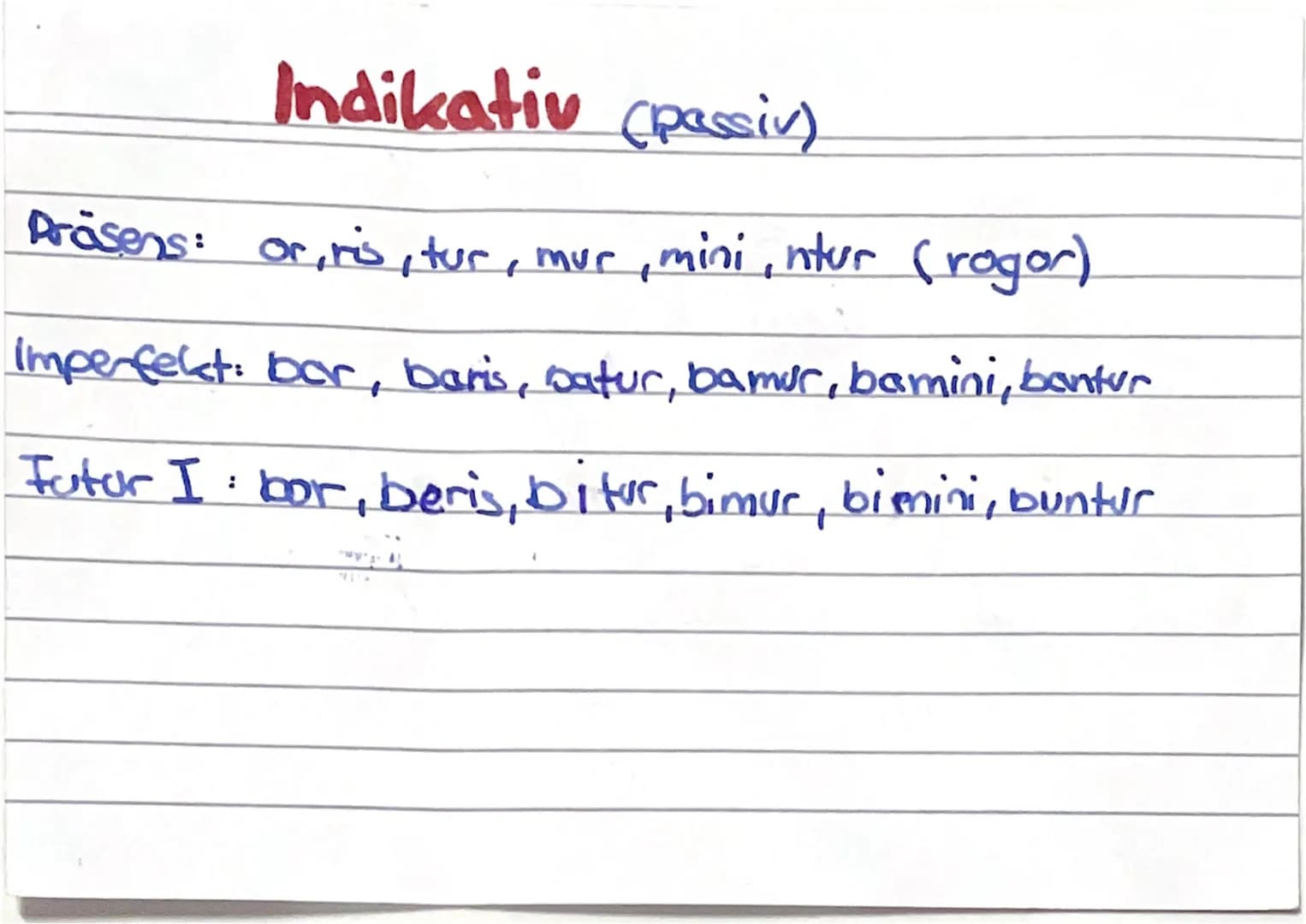 Indikativ (Aktiv)
Präsens: o, s,'t, mus, tis int
imperfekt: bam, bas, bat, bamus, batis, bont
Futur I :
bo, bu, bit, bimus, bitis, bunt (a/e