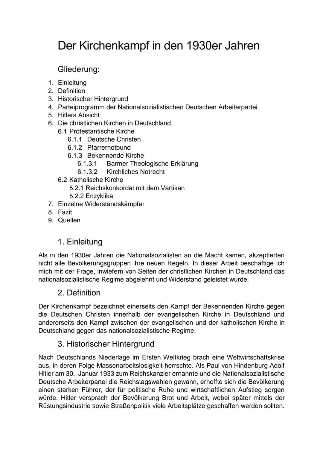 Der Kirchenkampf in den 1930er Jahren
Gliederung:
1. Einleitung
2. Definition
3. Historischer Hintergrund
4. Parteiprogramm der Nationalsozi