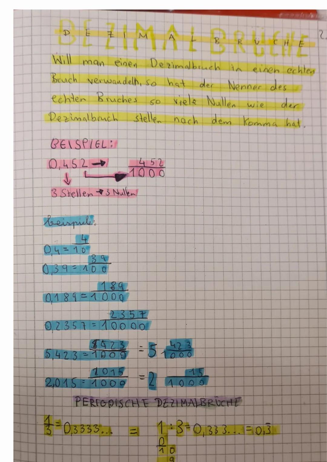 D
E Z I M A L B
2.
RUCHE
Will man einen Dezimalbruch in einen echten
Bruch verwandeln, so hat der Nenner des
echten Bruches so viele Nullen 