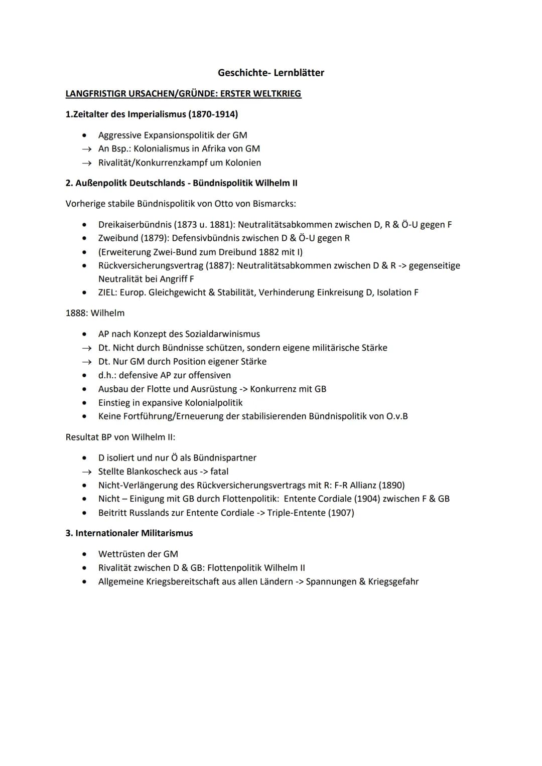 LANGFRISTIGR URSACHEN/GRÜNDE: ERSTER WELTKRIEG
1.Zeitalter des Imperialismus (1870-1914)
Aggressive Expansionspolitik der GM
→ An Bsp.: Kolo