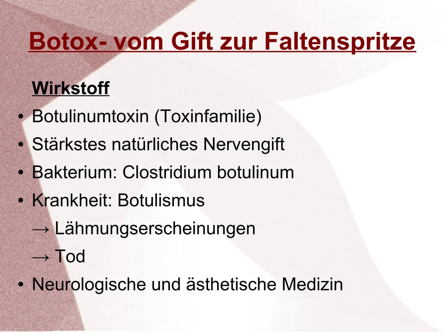 Wirkung von Giften an Synapsen ●
●
Was sind Synapsengifte?
Stoffe die in den Ablauf der natürlichen
Erregungsübertragung in Synapsen eingrei