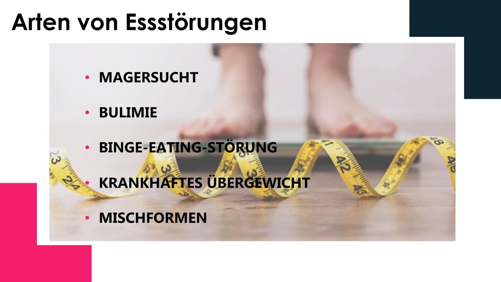 ESSSTORUNGEN gliederung
1
Arten von Essstörungen
2 Auslöser von Essstörungen
3
Magersucht (Anorexie)
Ess-Brech-Sucht (Bulimie)
Binge-Eating-