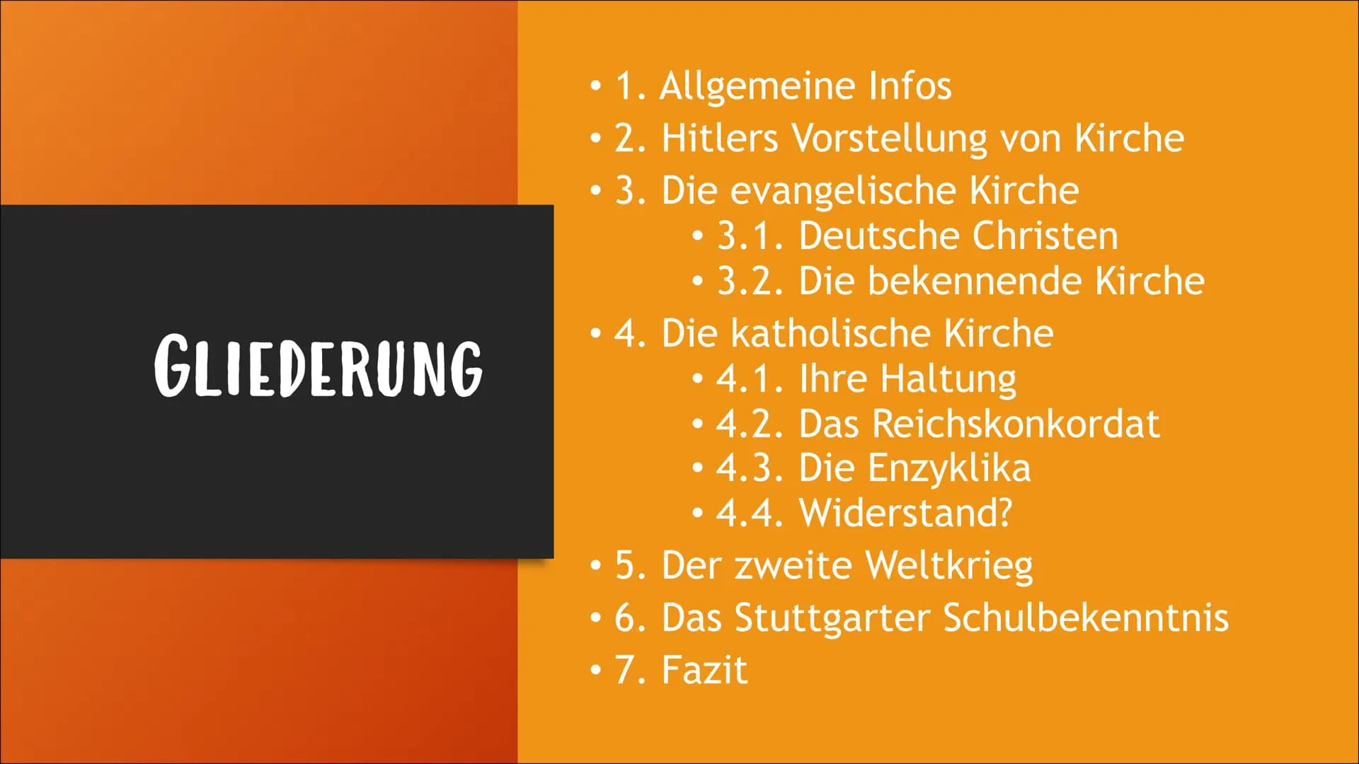 KIRCHE IM NATINALSOZIALISMUS
Von Nora Klammt GLIEDERUNG
• 1. Allgemeine Infos
●
2. Hitlers Vorstellung von Kirche
●
• 3. Die evangelische Ki