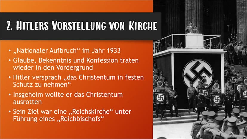KIRCHE IM NATINALSOZIALISMUS
Von Nora Klammt GLIEDERUNG
• 1. Allgemeine Infos
●
2. Hitlers Vorstellung von Kirche
●
• 3. Die evangelische Ki