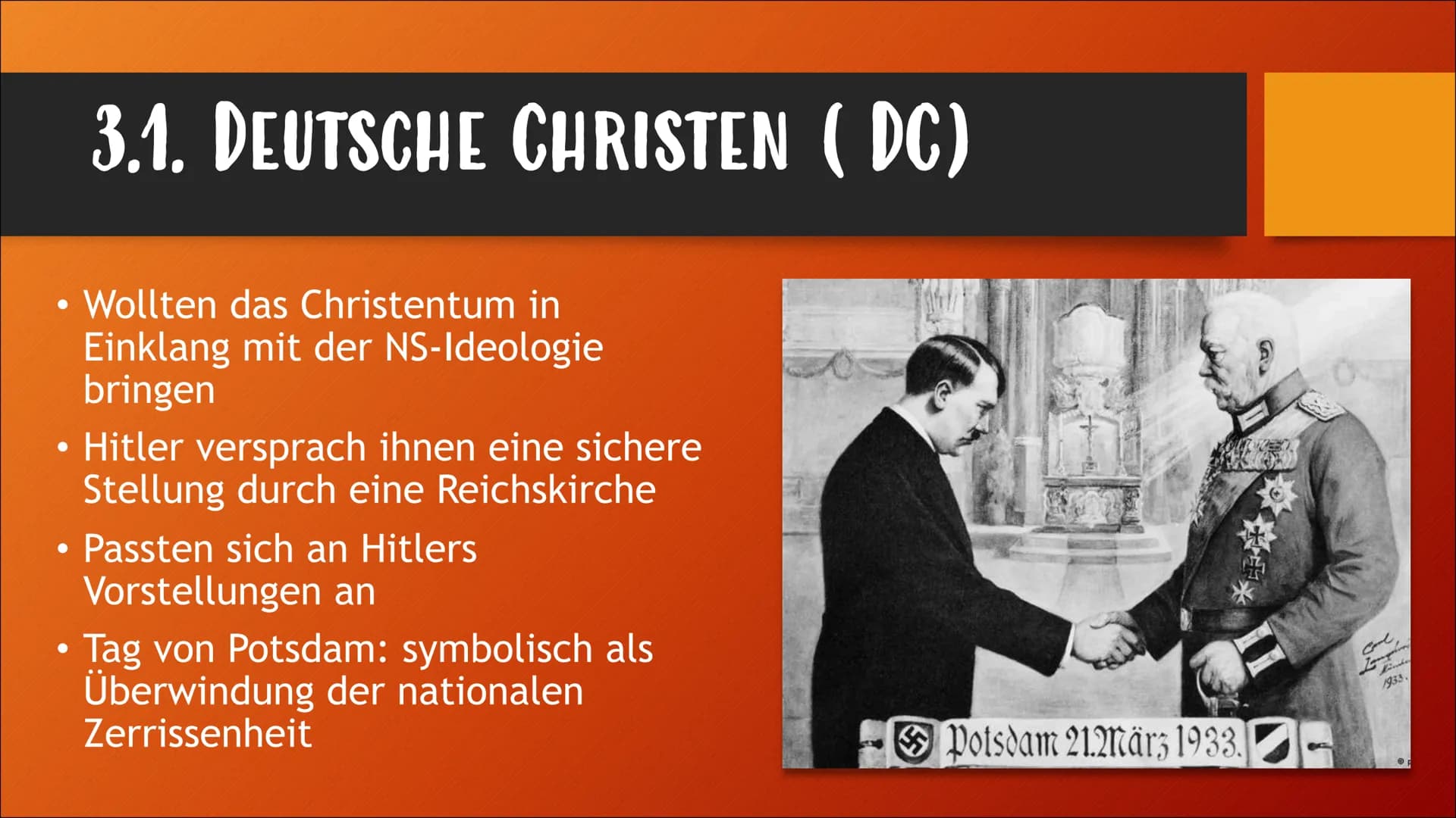 KIRCHE IM NATINALSOZIALISMUS
Von Nora Klammt GLIEDERUNG
• 1. Allgemeine Infos
●
2. Hitlers Vorstellung von Kirche
●
• 3. Die evangelische Ki