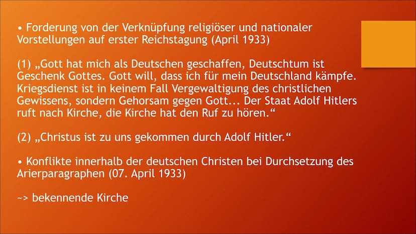 KIRCHE IM NATINALSOZIALISMUS
Von Nora Klammt GLIEDERUNG
• 1. Allgemeine Infos
●
2. Hitlers Vorstellung von Kirche
●
• 3. Die evangelische Ki
