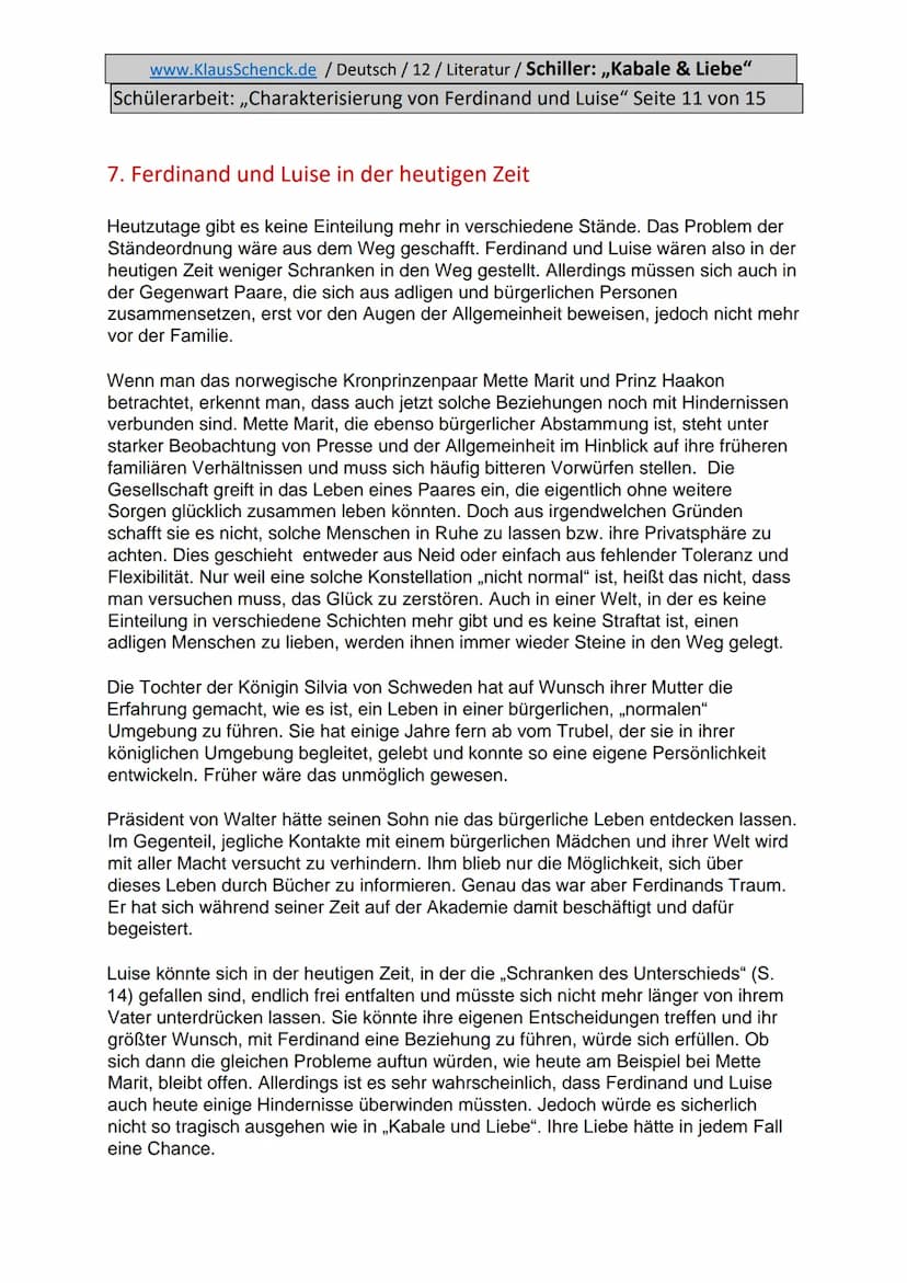 www.KlausSchenck.de / Deutsch / 12/ Literatur / Schiller: ,,Kabale & Liebe"
Schülerarbeit: ,,Charakterisierung von Ferdinand und Luise" Seit