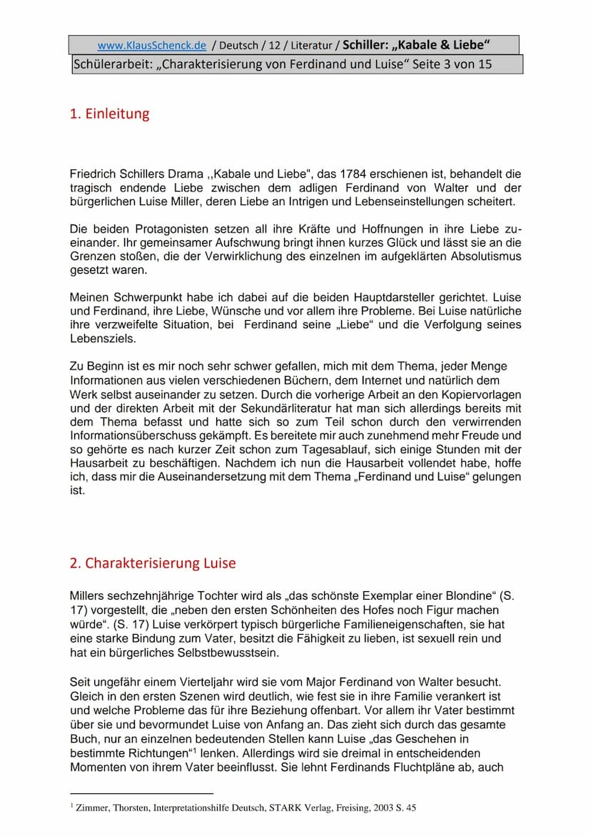 www.KlausSchenck.de / Deutsch / 12/ Literatur / Schiller: ,,Kabale & Liebe"
Schülerarbeit: ,,Charakterisierung von Ferdinand und Luise" Seit