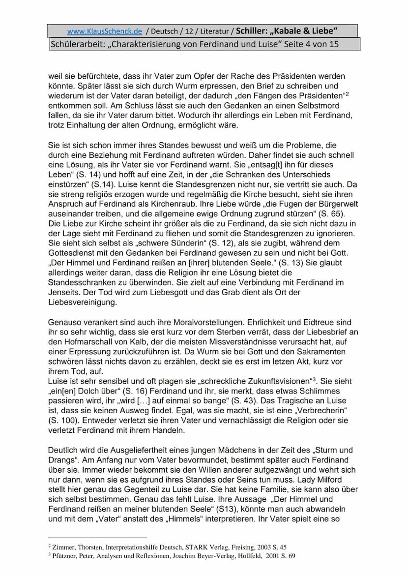 www.KlausSchenck.de / Deutsch / 12/ Literatur / Schiller: ,,Kabale & Liebe"
Schülerarbeit: ,,Charakterisierung von Ferdinand und Luise" Seit