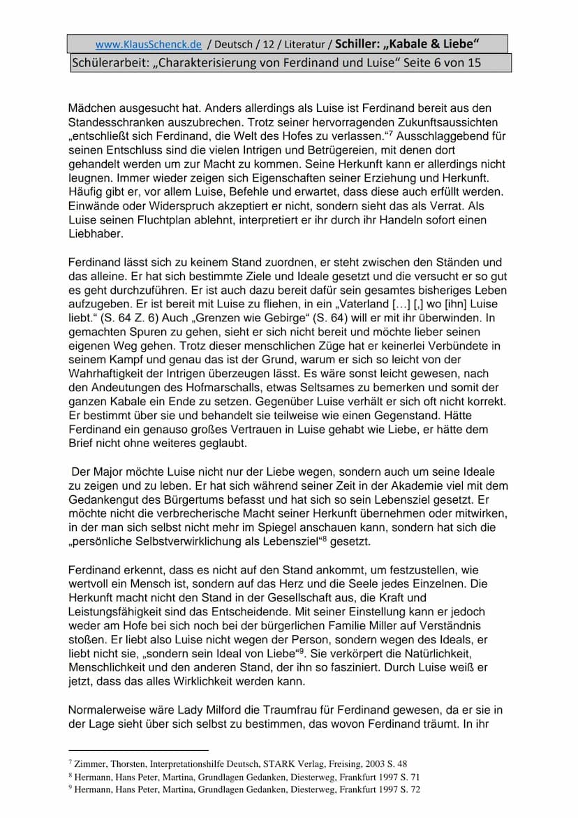 www.KlausSchenck.de / Deutsch / 12/ Literatur / Schiller: ,,Kabale & Liebe"
Schülerarbeit: ,,Charakterisierung von Ferdinand und Luise" Seit