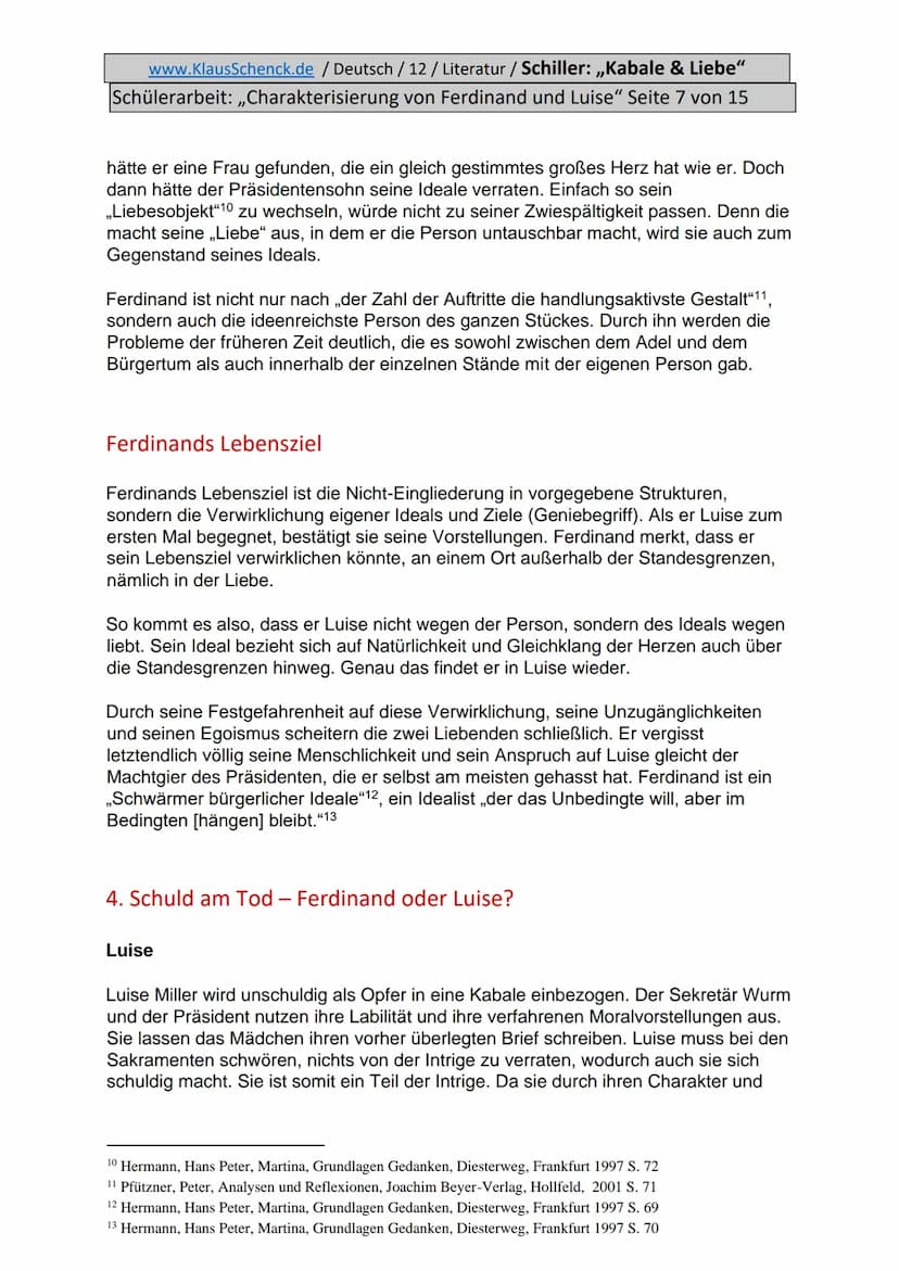 www.KlausSchenck.de / Deutsch / 12/ Literatur / Schiller: ,,Kabale & Liebe"
Schülerarbeit: ,,Charakterisierung von Ferdinand und Luise" Seit