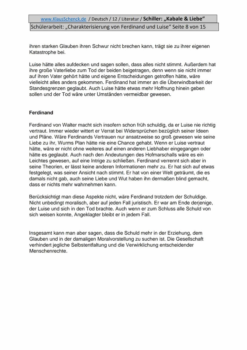 www.KlausSchenck.de / Deutsch / 12/ Literatur / Schiller: ,,Kabale & Liebe"
Schülerarbeit: ,,Charakterisierung von Ferdinand und Luise" Seit