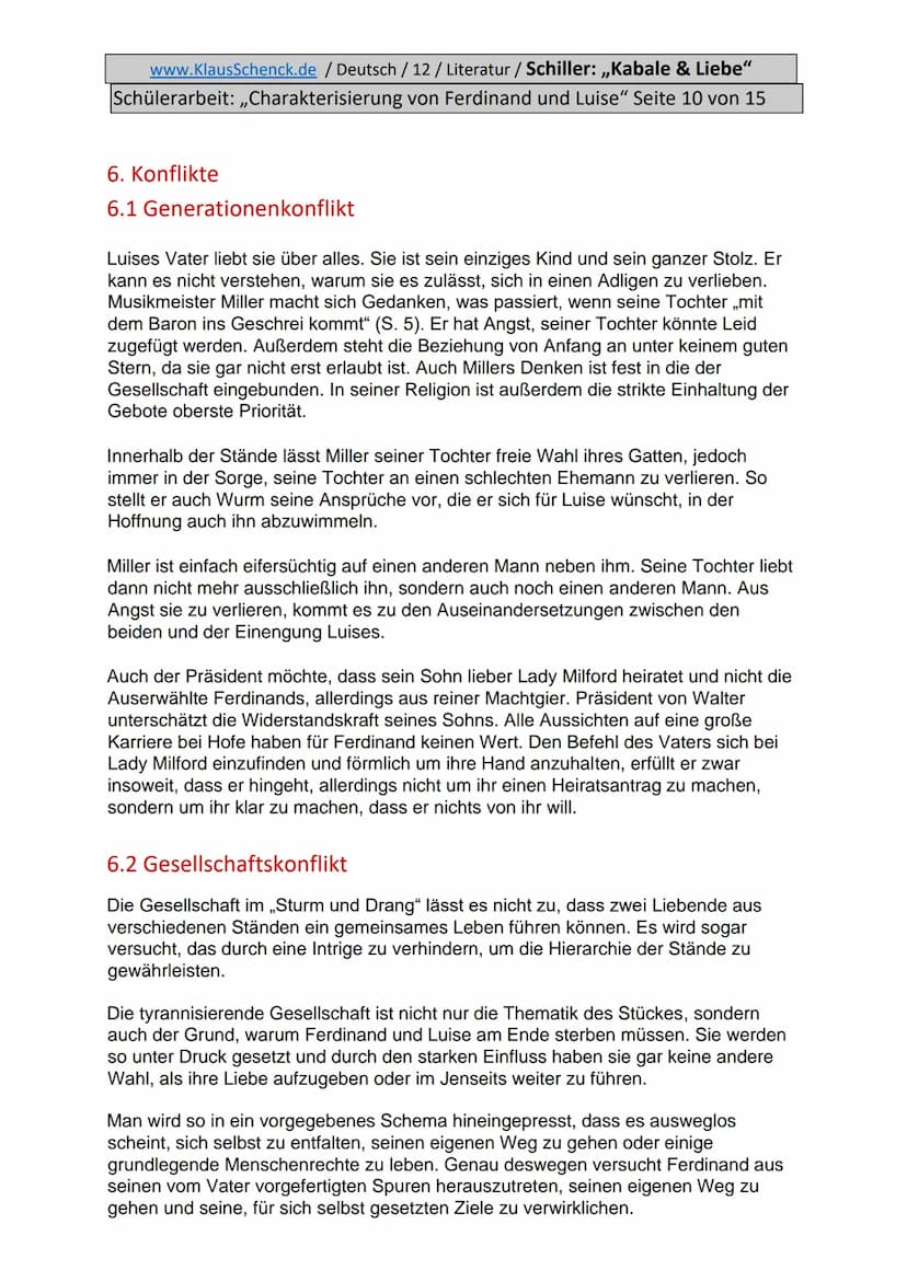www.KlausSchenck.de / Deutsch / 12/ Literatur / Schiller: ,,Kabale & Liebe"
Schülerarbeit: ,,Charakterisierung von Ferdinand und Luise" Seit
