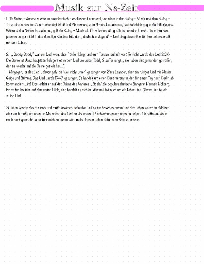  Musik zur Ns-Zeit
1. Die Swing-Jugend suchte im amerikanisch - englischen Lebensstil, vor allem in der Swing - Musik und dem Swing -
Tanz, 