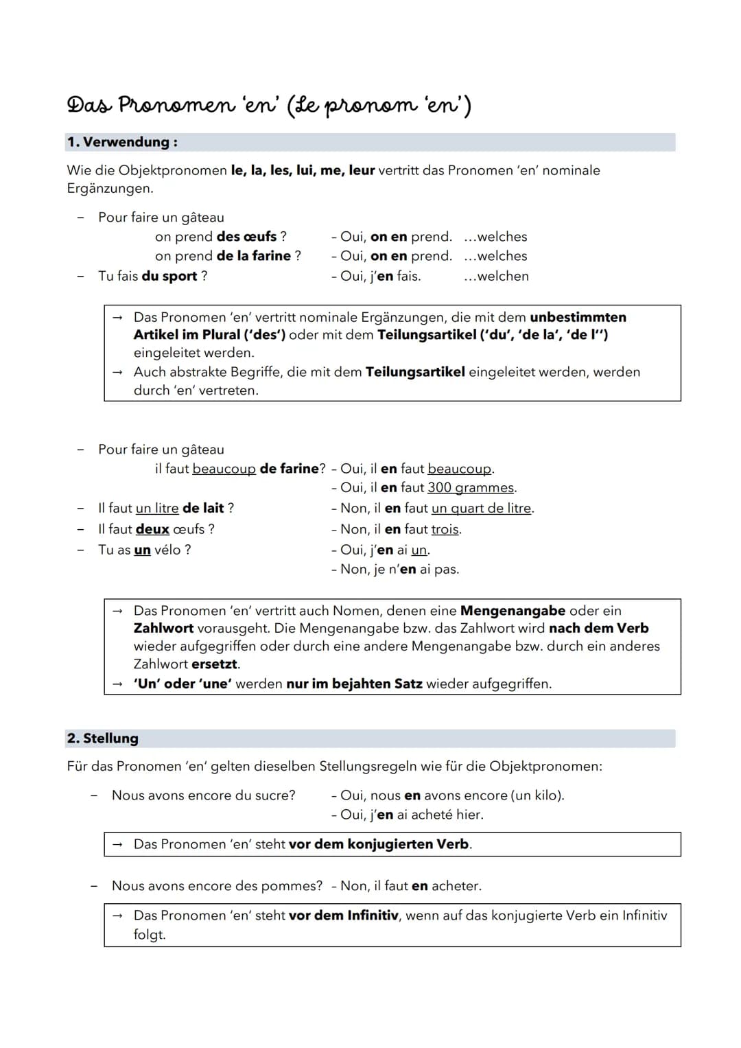 Das Pronomen 'en' (Le pronom 'en')
1. Verwendung :
Wie die Objektpronomen le, la, les, lui, me, leur vertritt das Pronomen 'en' nominale
Erg