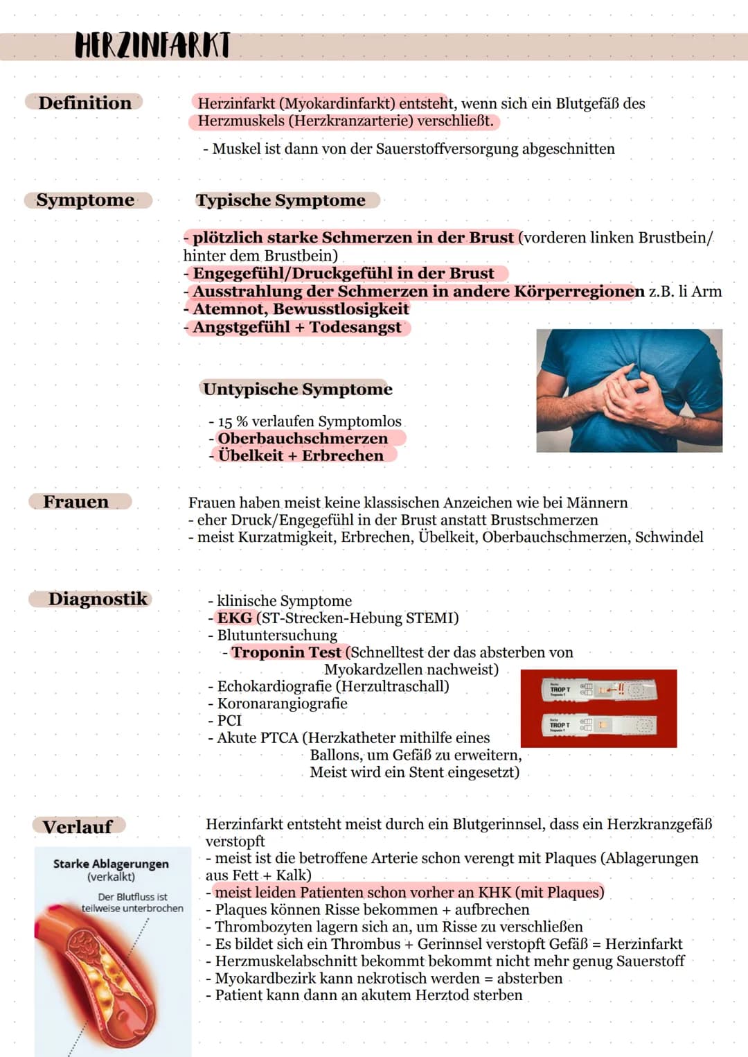 HERZINFARKT
Definition
Symptome
Frauen
Diagnostik
Verlauf
Starke Ablagerungen
(verkalkt)
Der Blutfluss ist
teilweise unterbrochen
Herzinfark