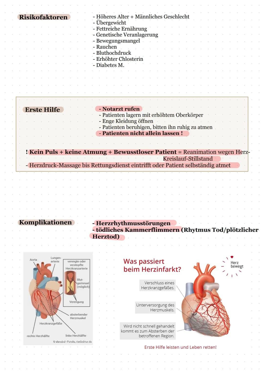 HERZINFARKT
Definition
Symptome
Frauen
Diagnostik
Verlauf
Starke Ablagerungen
(verkalkt)
Der Blutfluss ist
teilweise unterbrochen
Herzinfark