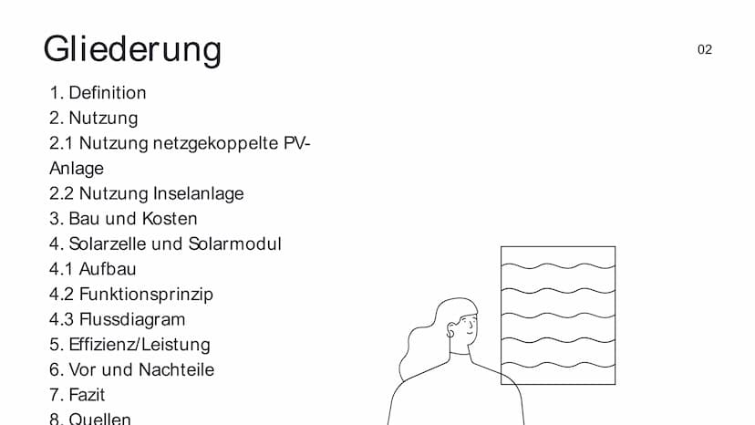 Photovoltaik
Die Zukunft der
Energiegewinnung?
01 Gliederung
1. Definition
2. Nutzung
2.1 Nutzung netzgekoppelte PV-
Anlage
2.2 Nutzung Inse