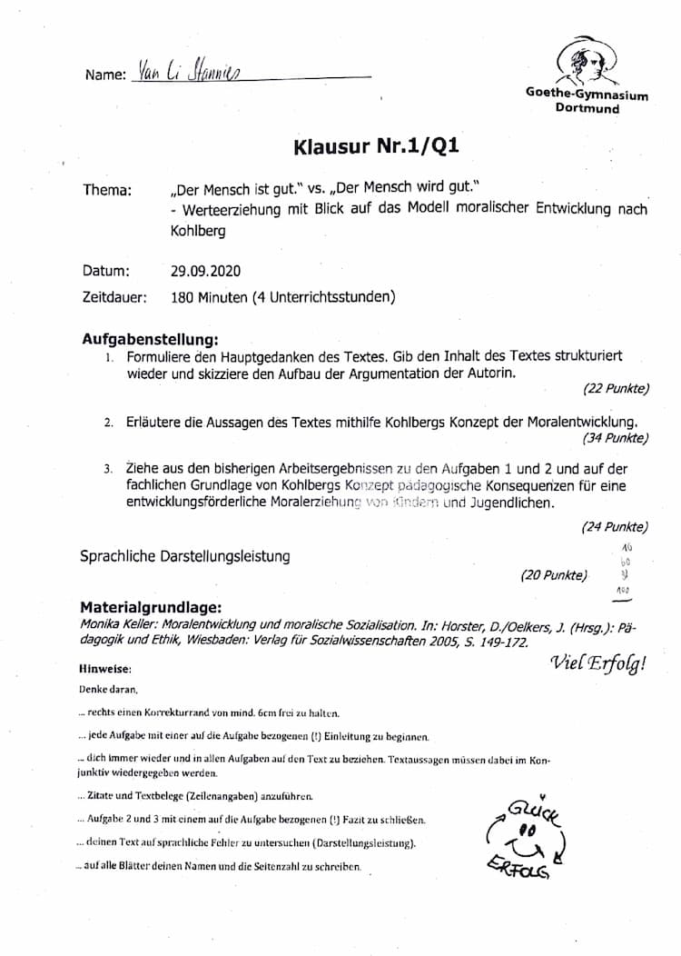 Know Pädagogik LK Klausur, Q1.1, 'Der Mensch ist gut vs. der Mensch wird gut' Kohlberg thumbnail