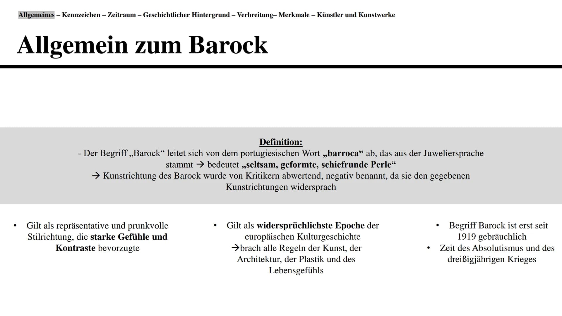 Barock
Eine Präsentation von Branda Afr
19 Gliederung
●
●
●
-
Definition der Renaissance und Allgemeines
Kennzeichen
Zeitraum
Verbreitung
Ge