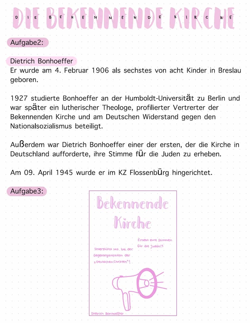 DIE BEKENNENDE KIRCHE
Aufgabe1:
Was ist die Bekennende Kirche?
Die Bekennende Kirche war eine Oppositionsbewegung.
evangelischer Christen ge