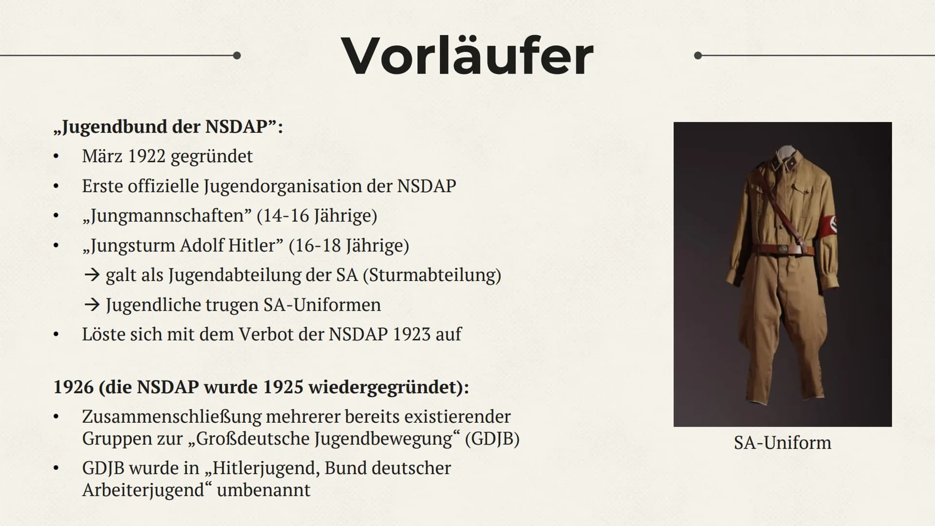 Die Hitlerjugend (HJ) Inhalt
1. Vorläufer
2. Entwicklung bis 1933
3. Die Hitlerjugend als Staatsjugend 1933 bis 1939
4. Was machte die HJ so