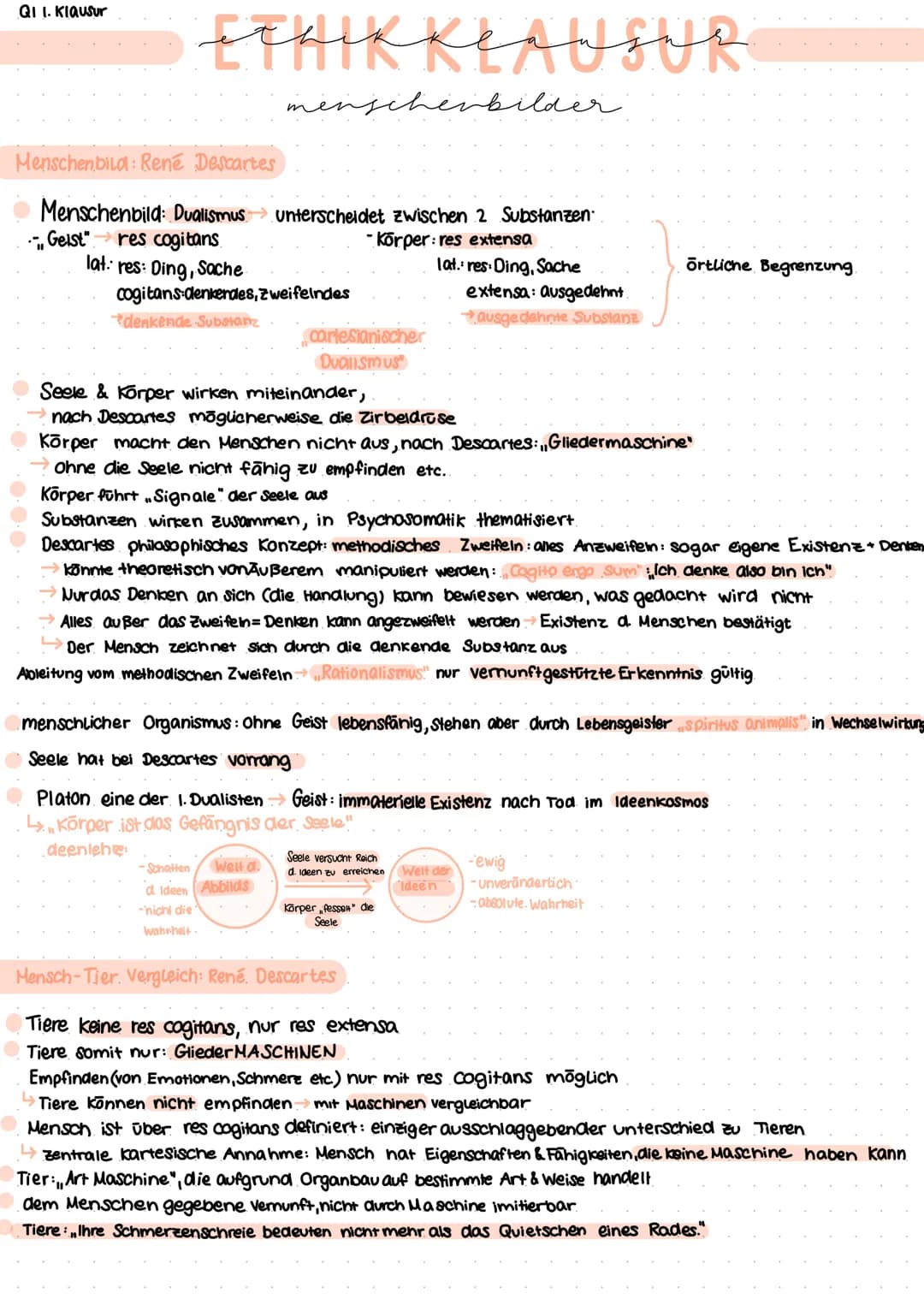 QI I. Klausur
ETHIKKER USUR
Menschenbild: René Descartes
Menschenbild: Dualismus
Geist" •→res cogitans
"
lat: res: Ding, Sache.
menschenbild