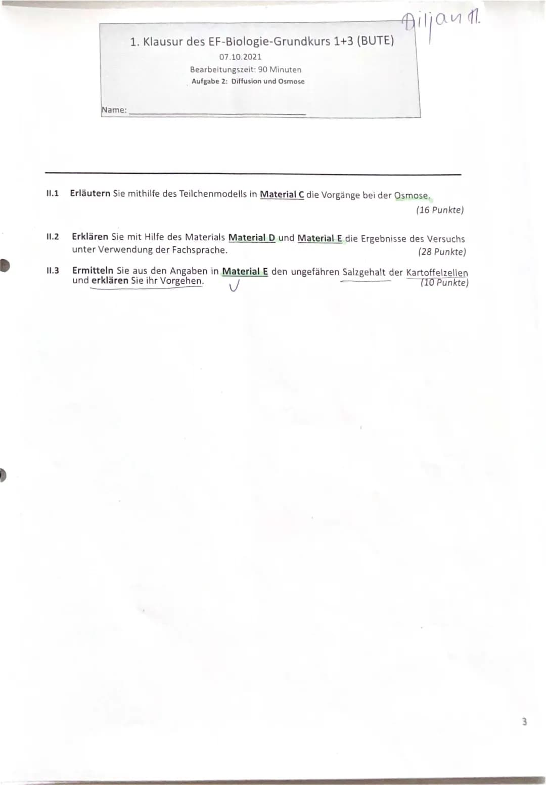 Biologie Klausur ZellBiologie Stofftransport Osmose und Diffusion