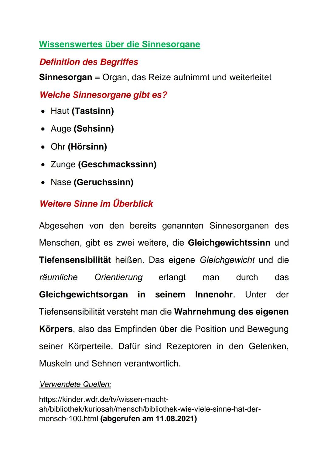 Wissenswertes über die Sinnesorgane
Definition des Begriffes
Sinnesorgan = Organ, das Reize aufnimmt und weiterleitet
Welche Sinnesorgane gi