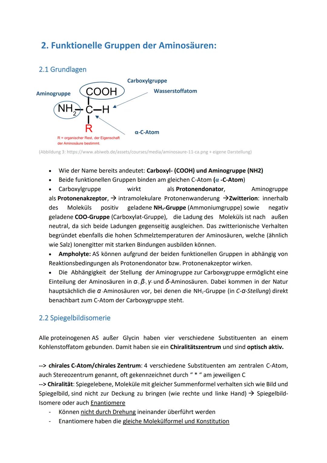 Aminosäuren-Zusammenfassung
Inhaltsverzeichnis
1. Grundlagen......
1.1. Skelettformeln von Aminosäuren
1.2. Zwitterion und IEP.
1.3 Massenwi