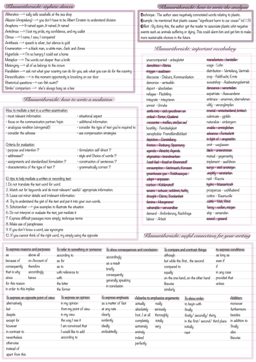 Klausurübersicht: stylistic divices
Alliteration-> sally sells seashells at the sea shop
Allusion (Anspielung) -> you don't have to be Alber