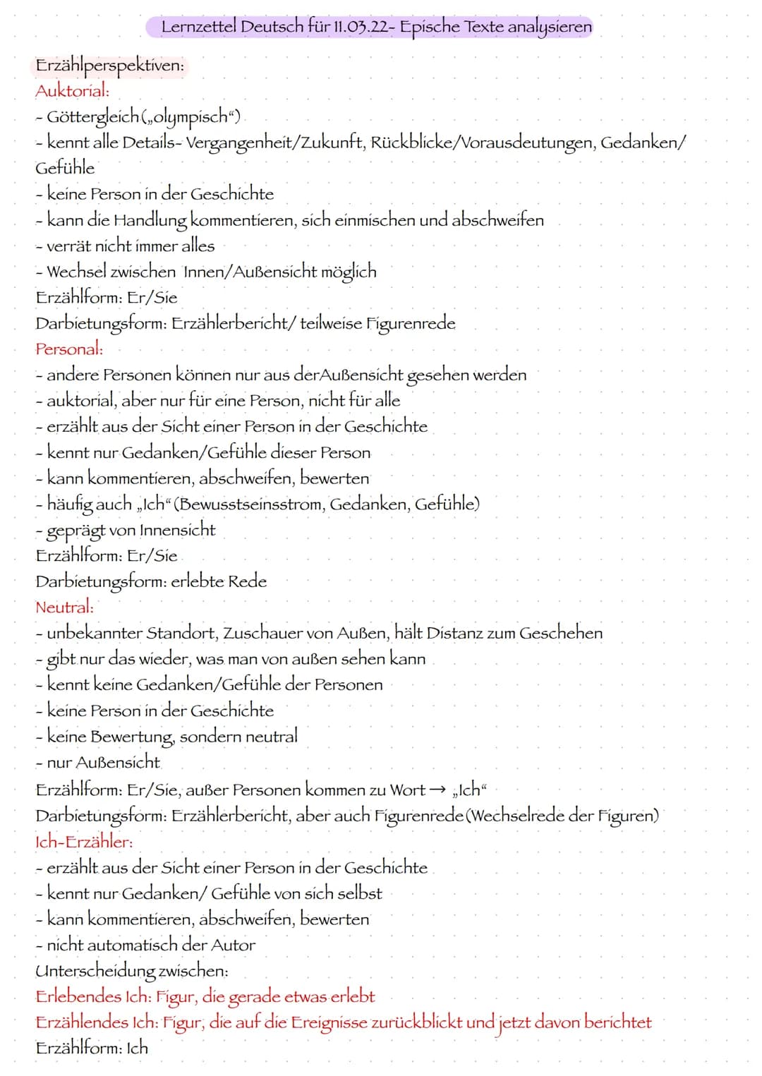 Lernzettel Deutsch für 11.03.22- Epische Texte analysieren
1. Merkmale des Realismus:
- realistische Denkweise-Verschönerung der Wirklichkei
