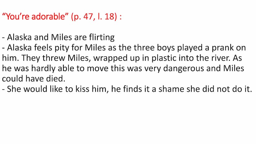 Key words
and
teachers
Looking
for Alaska Madame O'Malley (p.34, II. 4-11)
- she is Miles strict French teacher
- Miles will have to work ha