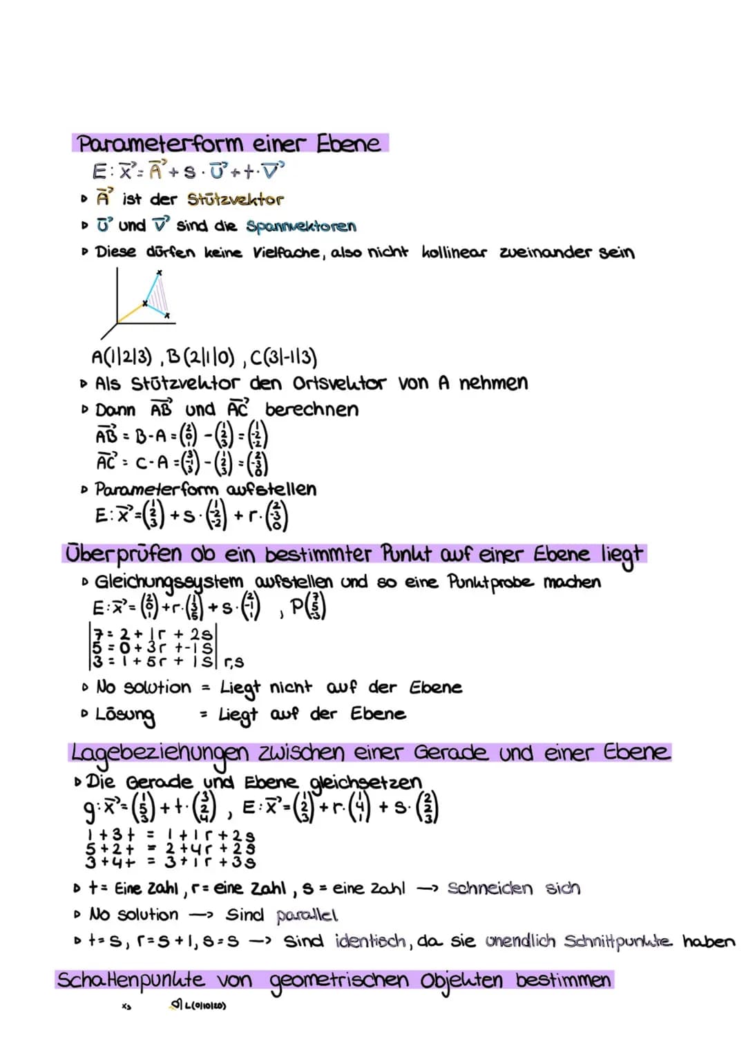 Parameterform einer Ebene
EXA+SU++.V
A ist der Stützvektor
▸ und sind die Spannvektoren
▸ Diese dürfen keine Vielfache, also nicht kollinear