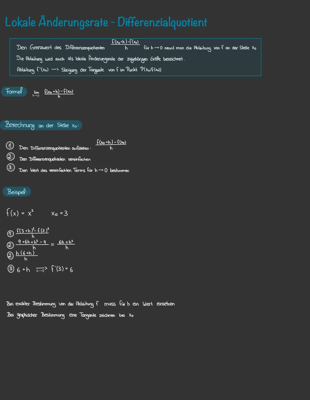 Differenzialrechnung
Durchschnittliche Änderungsrate - Differenzenquotient
Lokale Änderungsrate - Differenzialquotient
Ableitungsfunktion
Ab