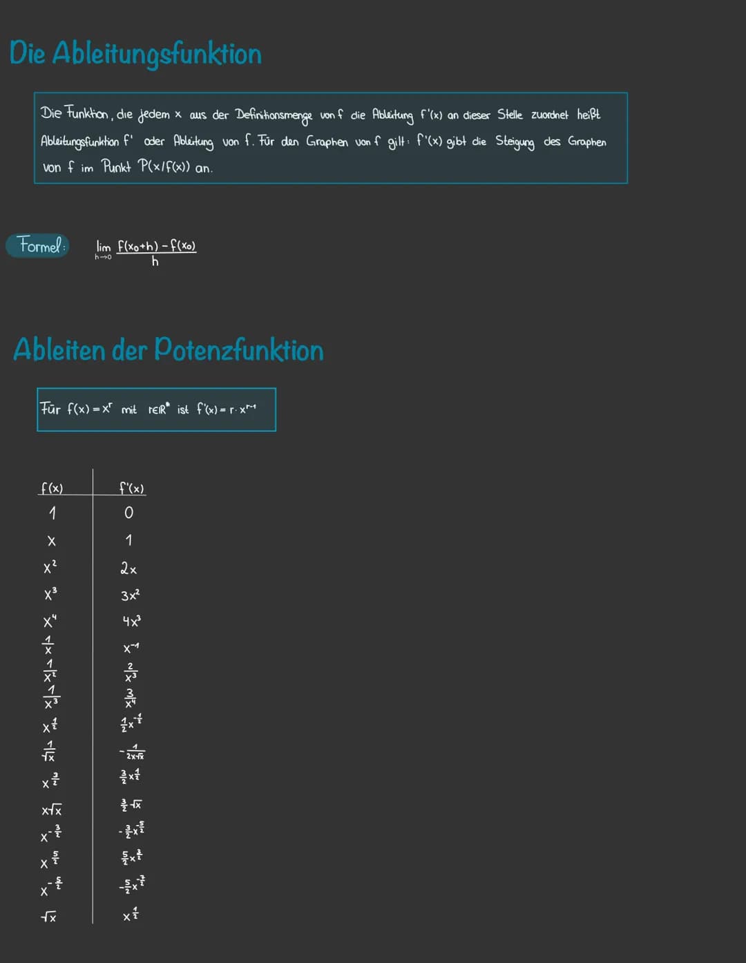 Differenzialrechnung
Durchschnittliche Änderungsrate - Differenzenquotient
Lokale Änderungsrate - Differenzialquotient
Ableitungsfunktion
Ab