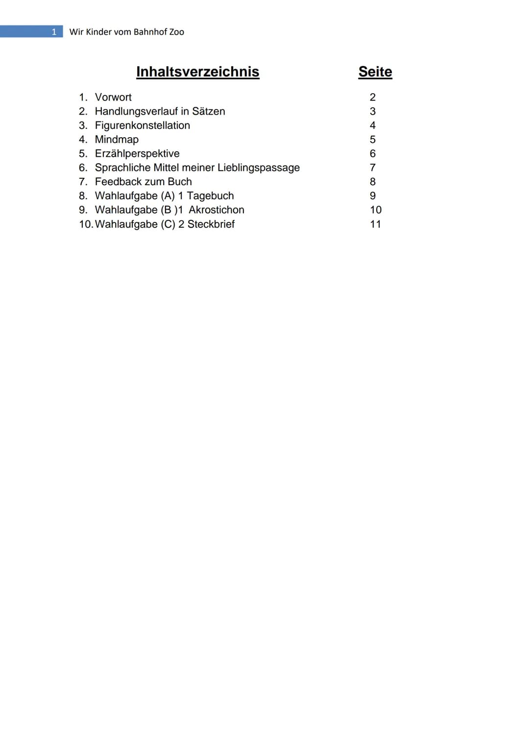 1
Wir Kinder vom Bahnhof Zoo
Inhaltsverzeichnis
1. Vorwort
2. Handlungsverlauf in Sätzen
3. Figurenkonstellation
4. Mindmap
5. Erzählperspek